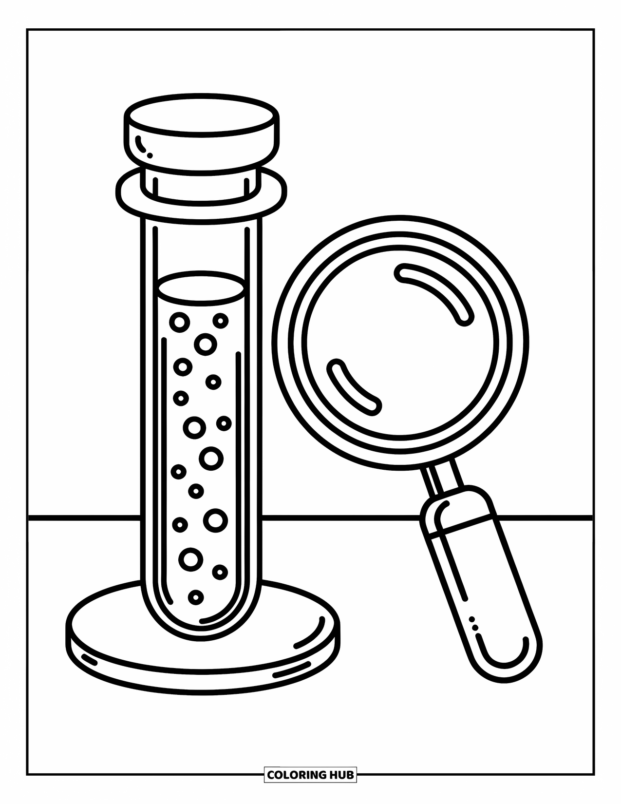 Science Coloring Page for Kids: Bubbly test tube and magnifying glass sit side by side with a smile