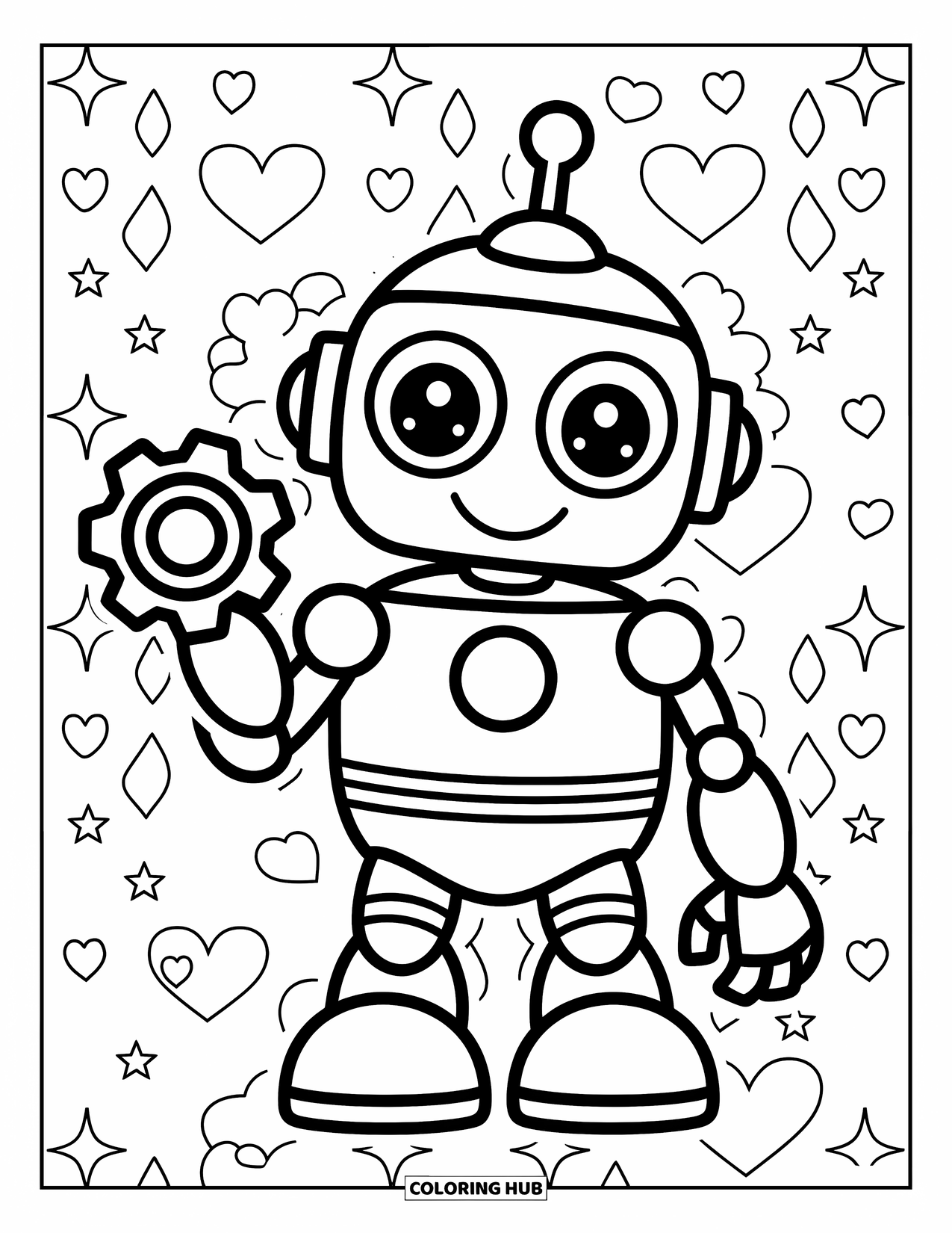 Science Coloring Page for Kids: Cheerful robot shows off a gear with a warm and happy grin