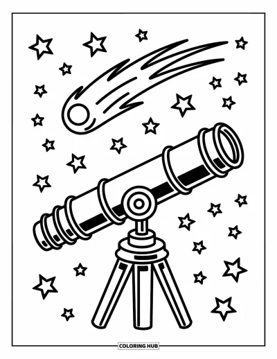 Science Coloring Page for Kids: Comet arcs over a telescope under a sky full of tiny stars