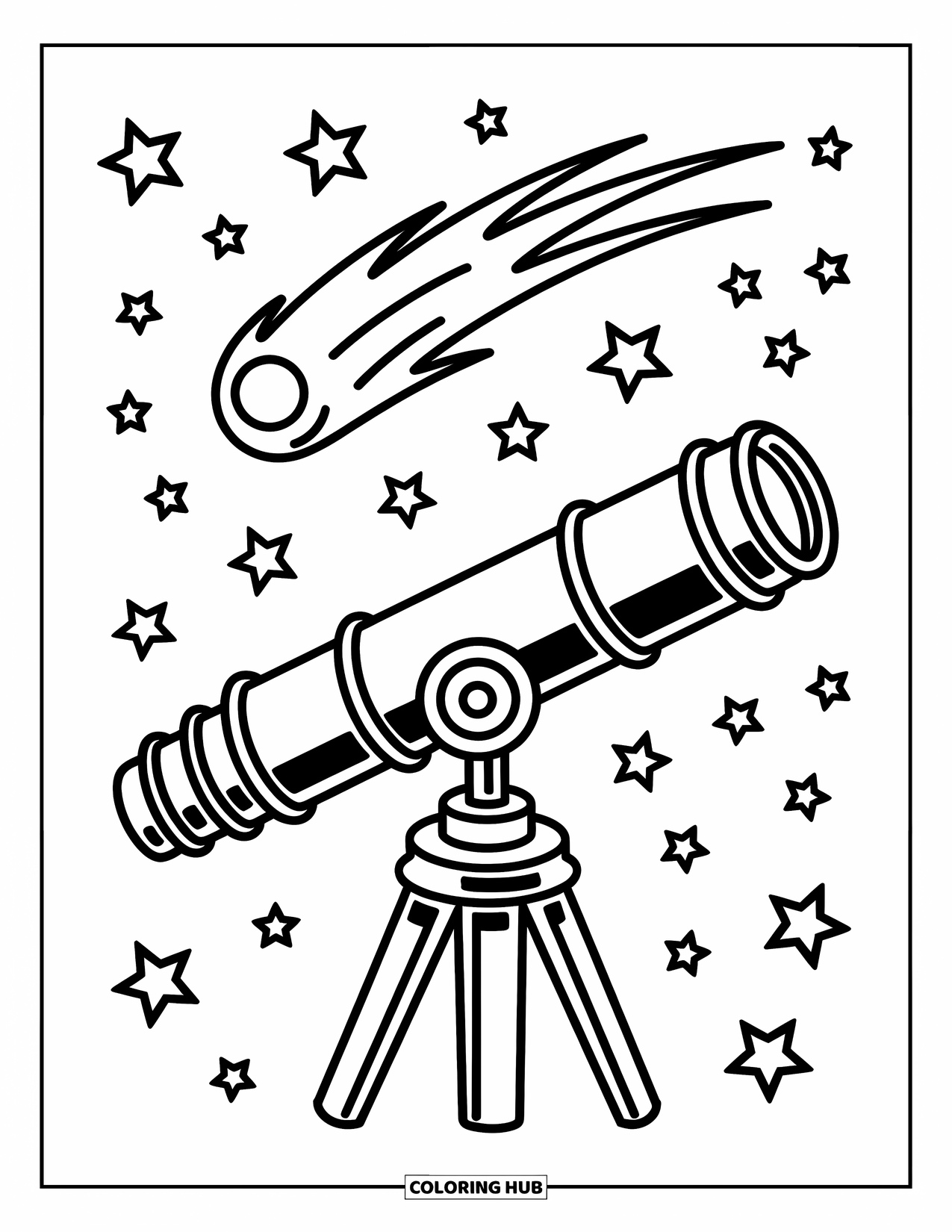 Science Coloring Page for Kids: Comet arcs over a telescope under a sky full of tiny stars