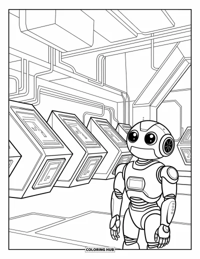 Science Coloring Page for Kids: Expressive robot waits beside touchscreens and angular lab machines