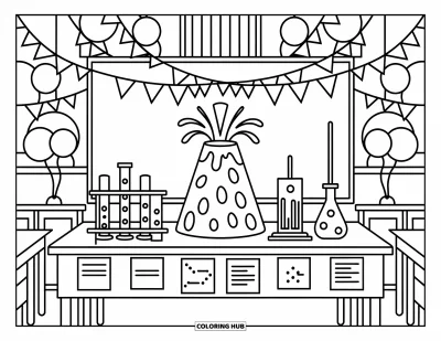 Science Coloring Page for Kids: Festive science fair table with experiments, balloons, and a tall erupting volcano