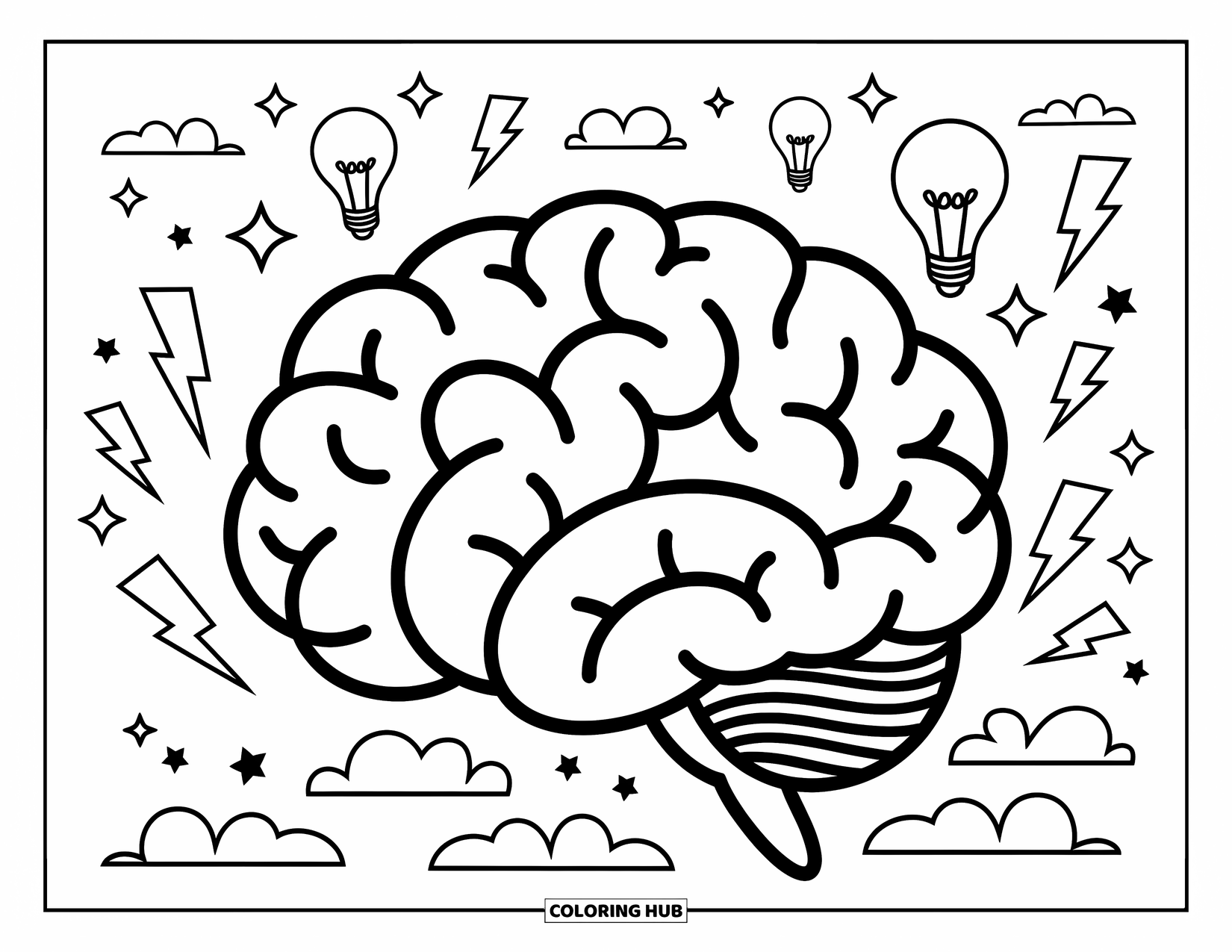 Science Coloring Page for Kids: Friendly brain with a big smile surrounded by fun lightning and idea sparks