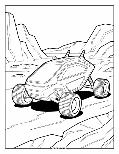 Science Coloring Page for Kids: Futuristic space rover travels across rocky terrain on an alien world
