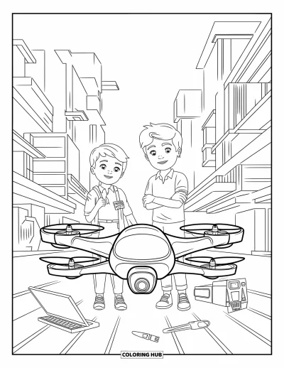 Science Coloring Page for Kids: Inventors stand proud as their drone hovers over a playful city skyline