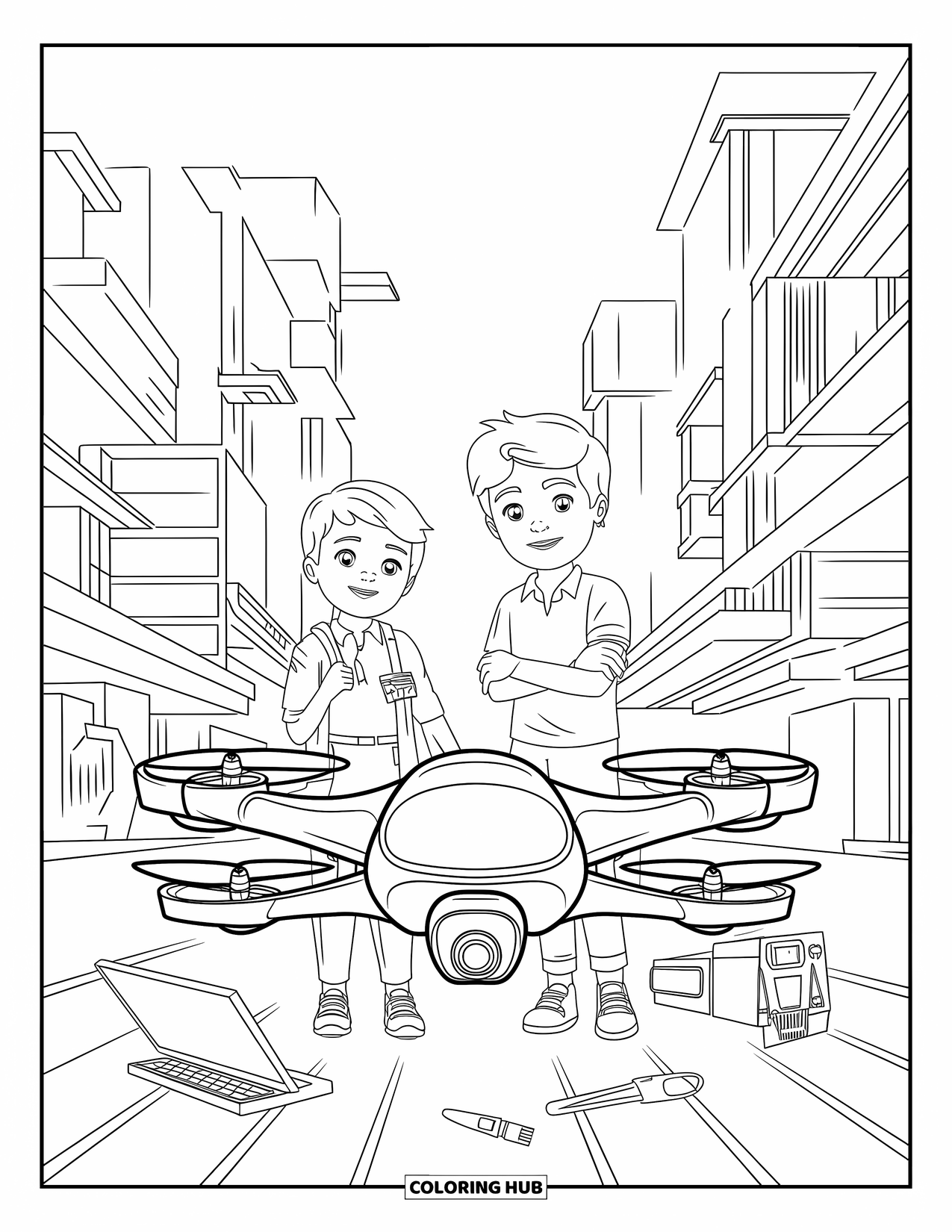 Science Coloring Page for Kids: Inventors stand proud as their drone hovers over a playful city skyline