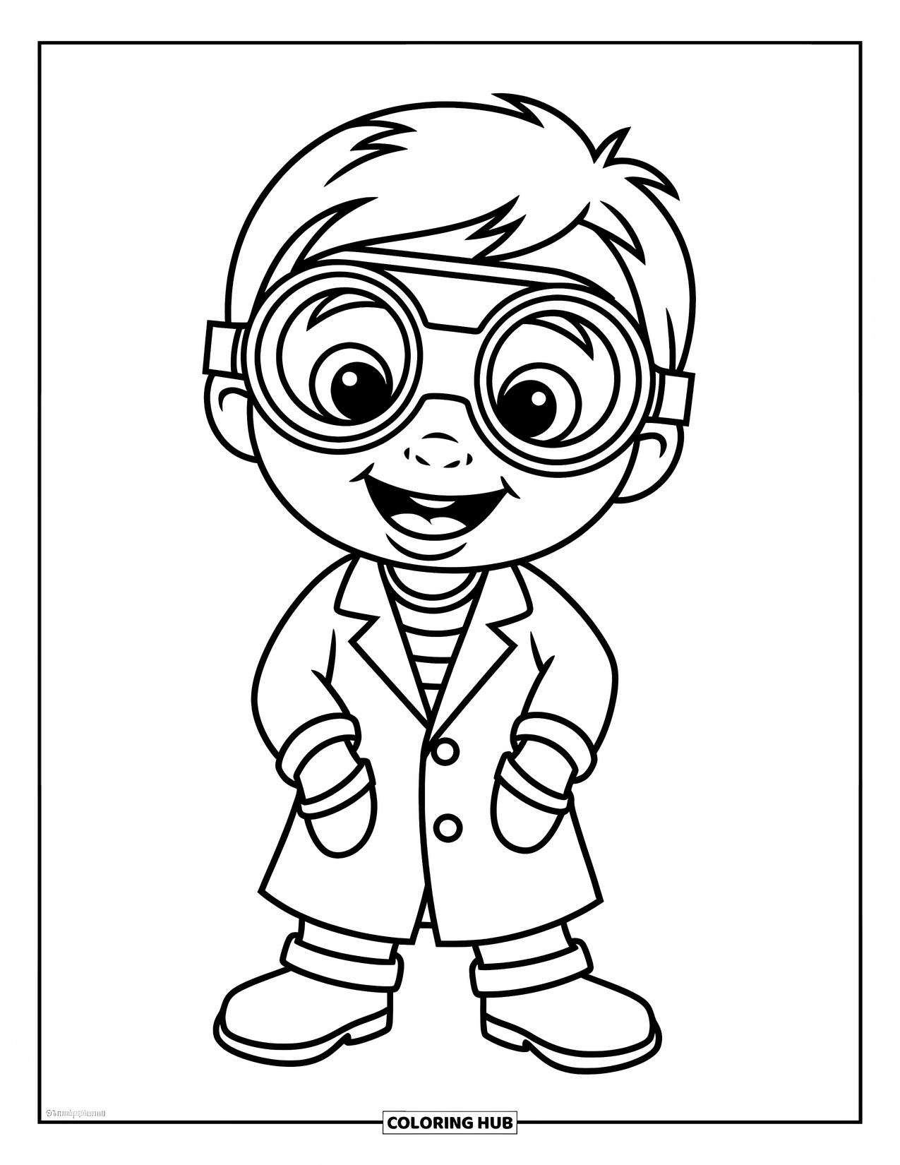 Science Coloring Page for Kids: Joyful child scientist shines with big goggles and a curious spirit