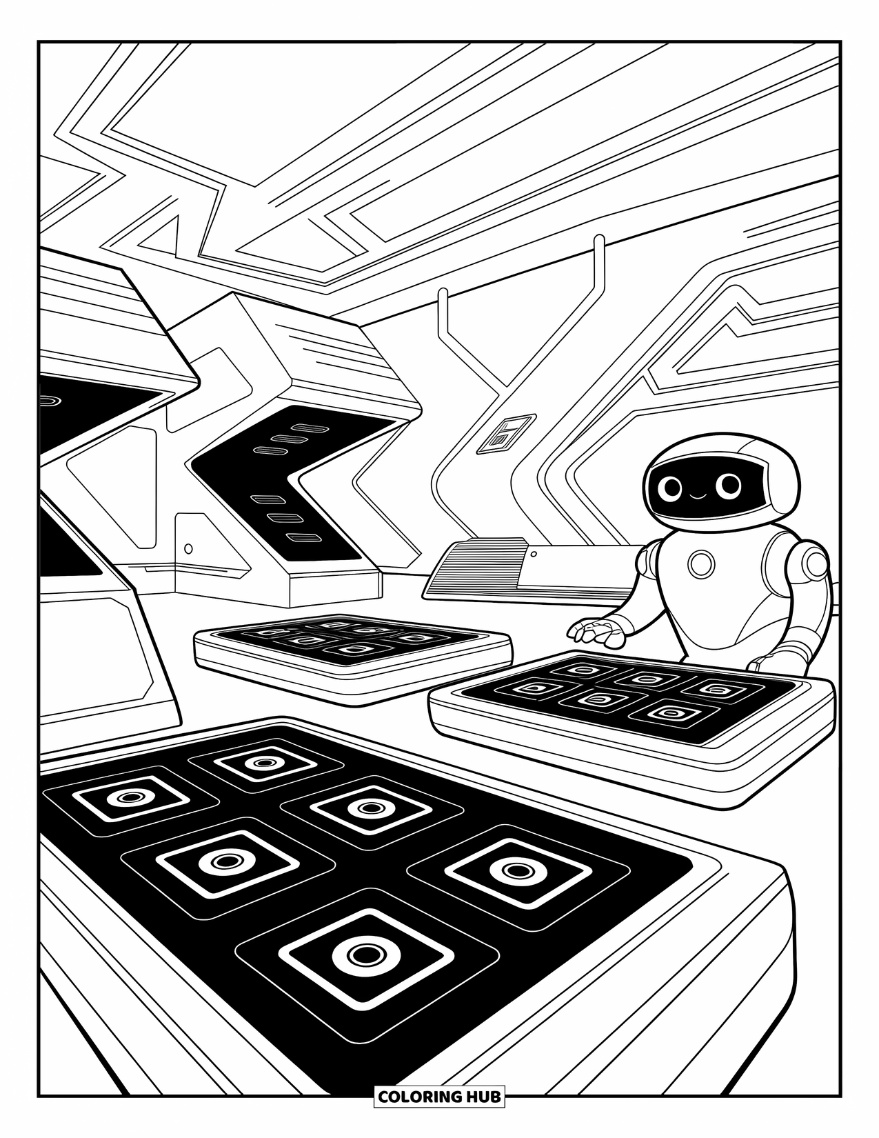 Science Coloring Page for Kids: Robot and sleek machines fill a modern lab buzzing with quiet energy