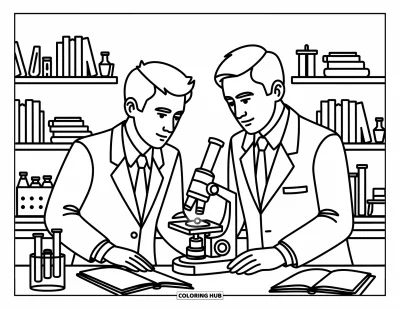 Science Coloring Page for Kids: Scientists huddle around a microscope, curious about the glowing creature inside