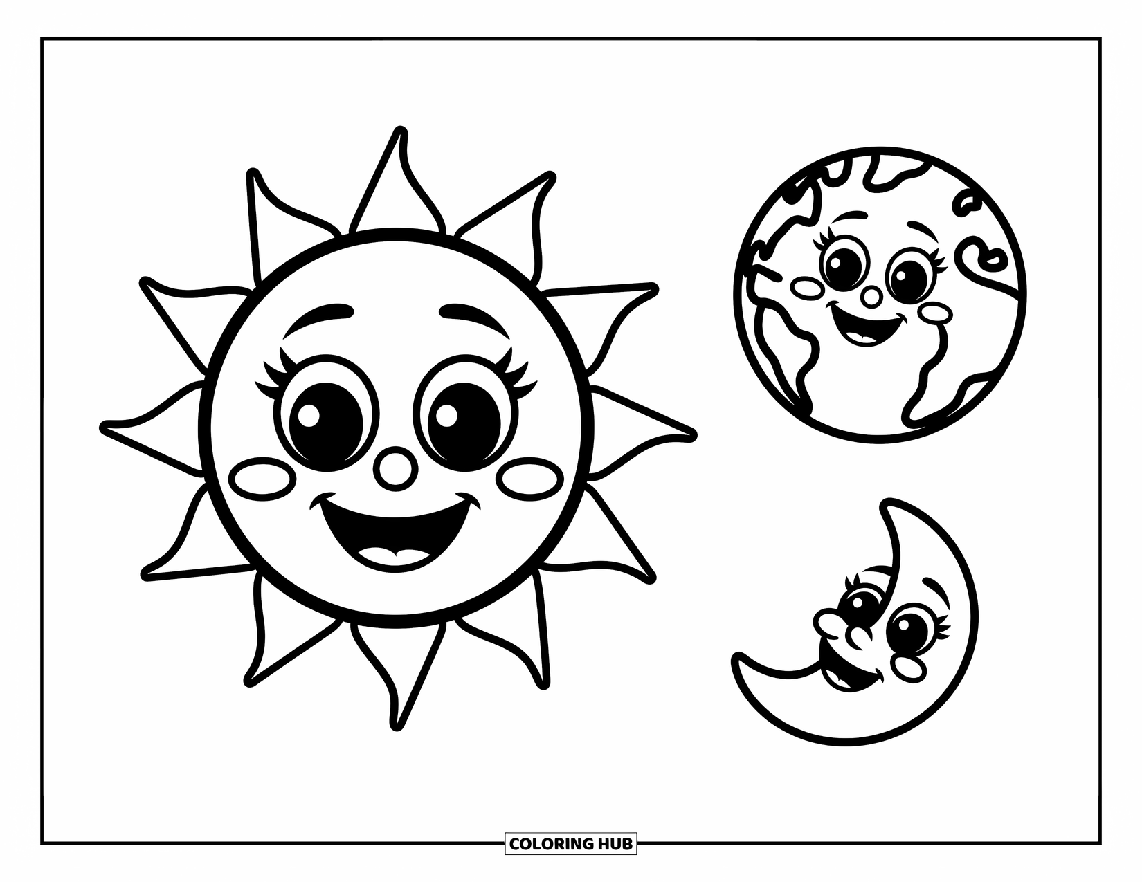 Science Coloring Page for Kids: Smiling sun, Earth, and moon shine in space with cheerful faces