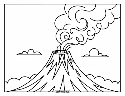 Science Coloring Page for Kids: Smoke curls from a volcano as a happy cloud floats gently above