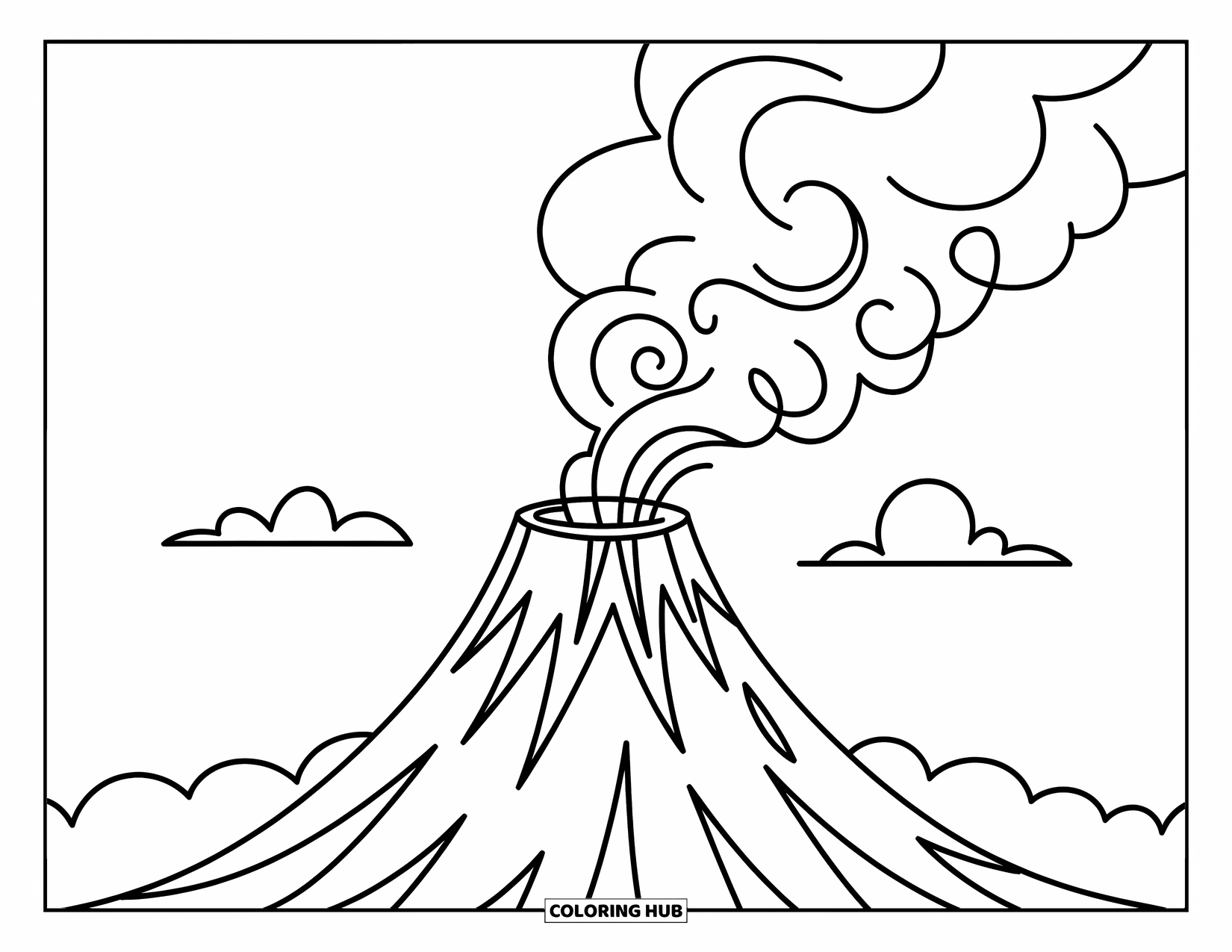 Science Coloring Page for Kids: Smoke curls from a volcano as a happy cloud floats gently above