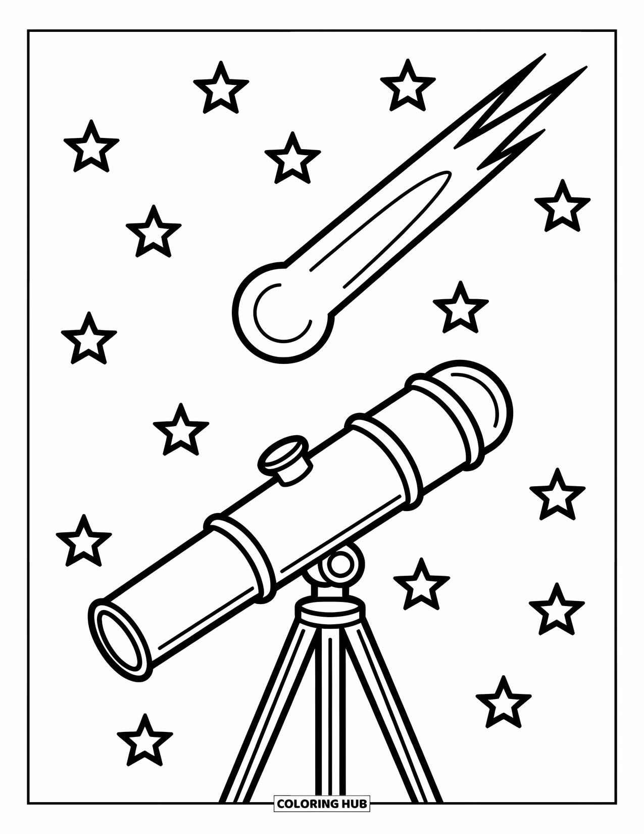 Science Coloring Page for Kids: Telescope aims high as a comet sweeps across a twinkling sky