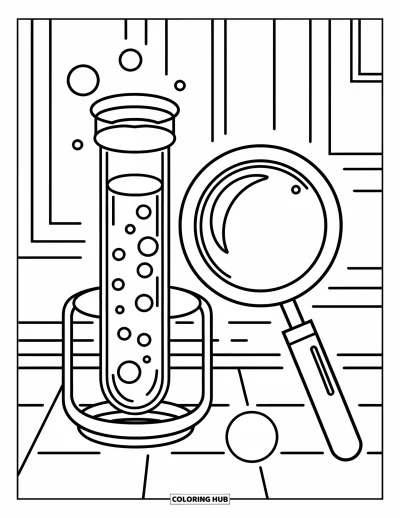 Science Coloring Page for Kids: Test tube and magnifier wait patiently for a fun little science moment