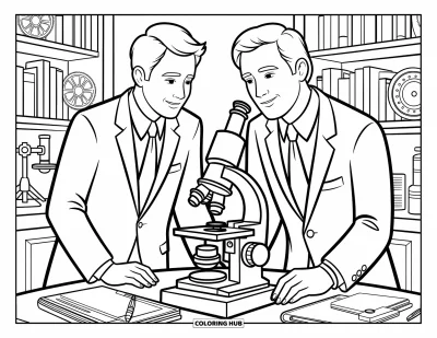Science Coloring Page for Kids: Two scientists examine a strange creature under a glowing microscope