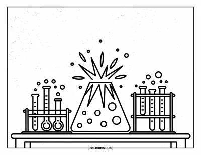 Science Coloring Page for Kids: Volcano and test tubes take center stage on a fun, hands-on science table