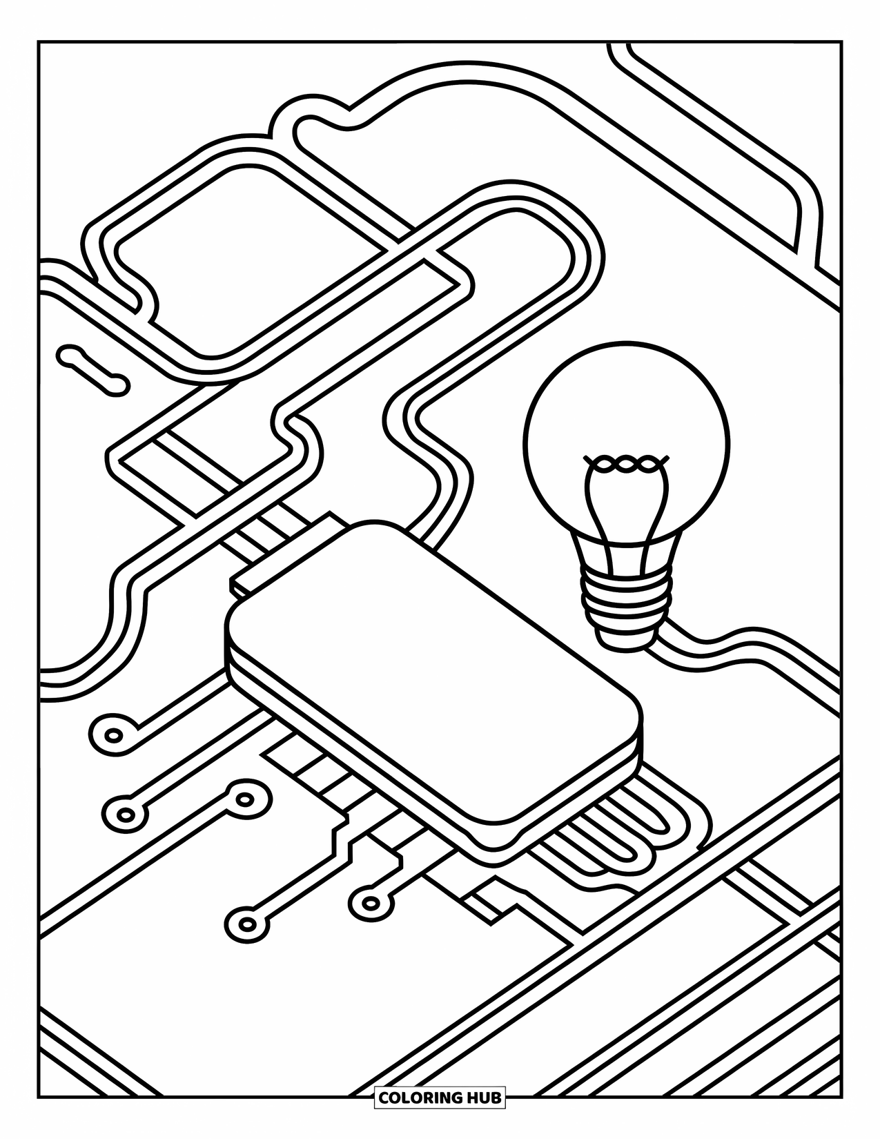 Science Coloring Page for Kids: Whimsical shapes and wires connect a glowing bulb on a simple circuit board