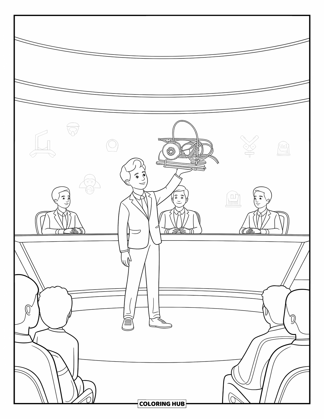 Science Coloring Page for Kids: Young inventor presents a new device to curious judges under soft, glowing lights