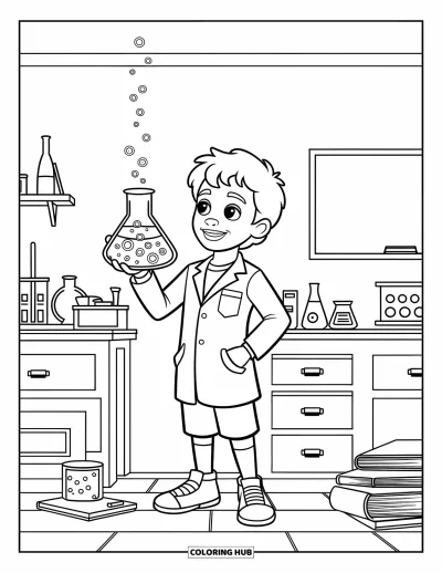 Science Coloring Page for Kids: Young scientist holds a bubbling beaker in a cozy, curious lab
