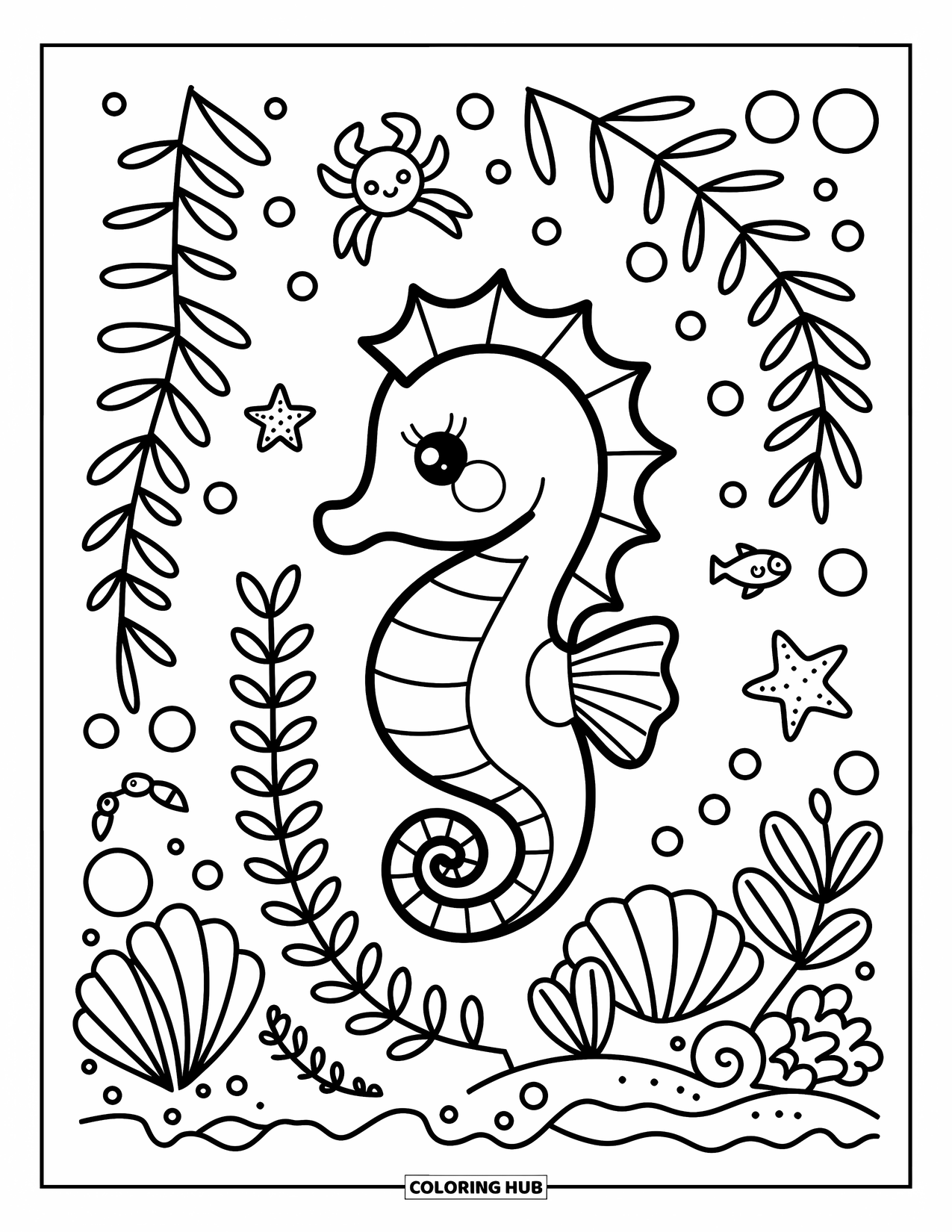Seahorse Coloring Page for Adults: A calm seahorse rests by coral and shells while a crab and starfish peek nearby