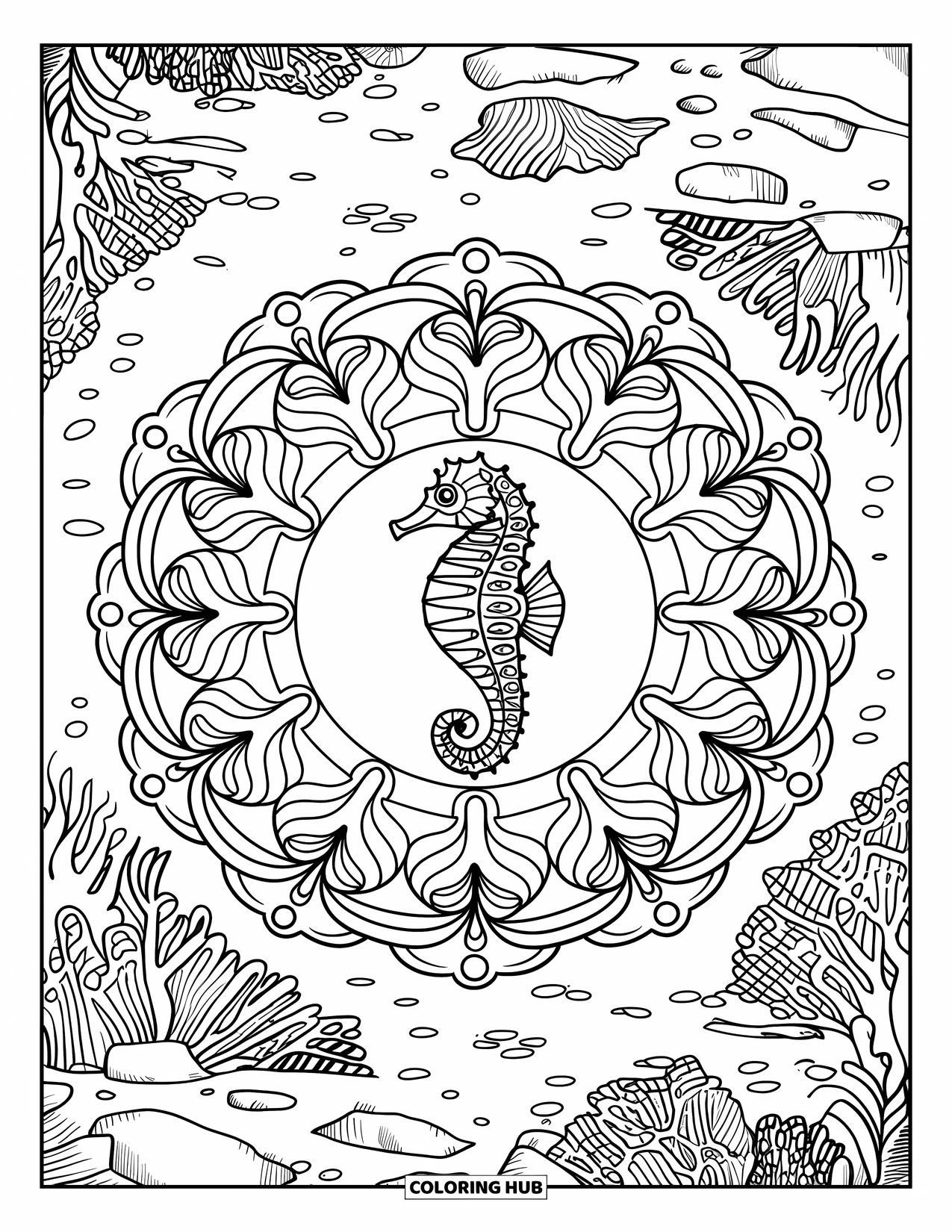 Seahorse Coloring Page for Adults: A centered seahorse is framed by a botanical mandala and ocean floor details