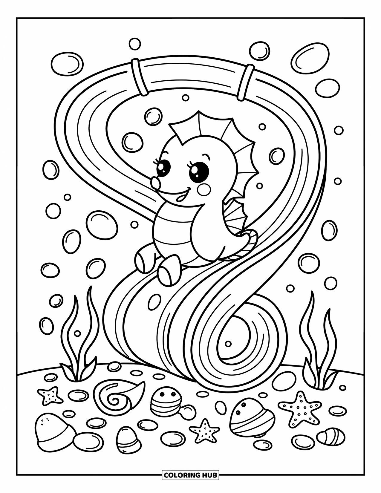 Seahorse Coloring Page for Adults: A cheerful seahorse slides down twisty seaweed surrounded by shells and starfish