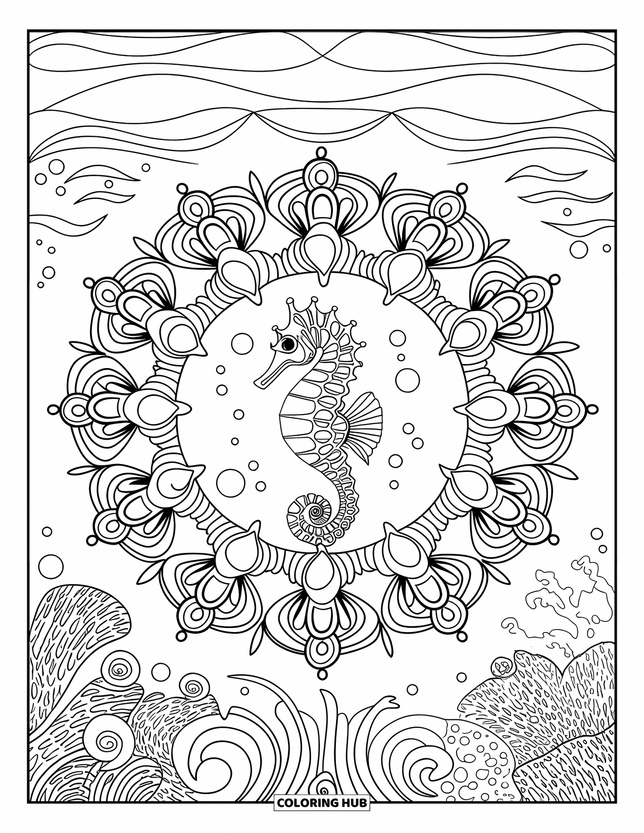 Seahorse Coloring Page for Adults: A detailed mandala features coral and bubbles around a centered seahorse