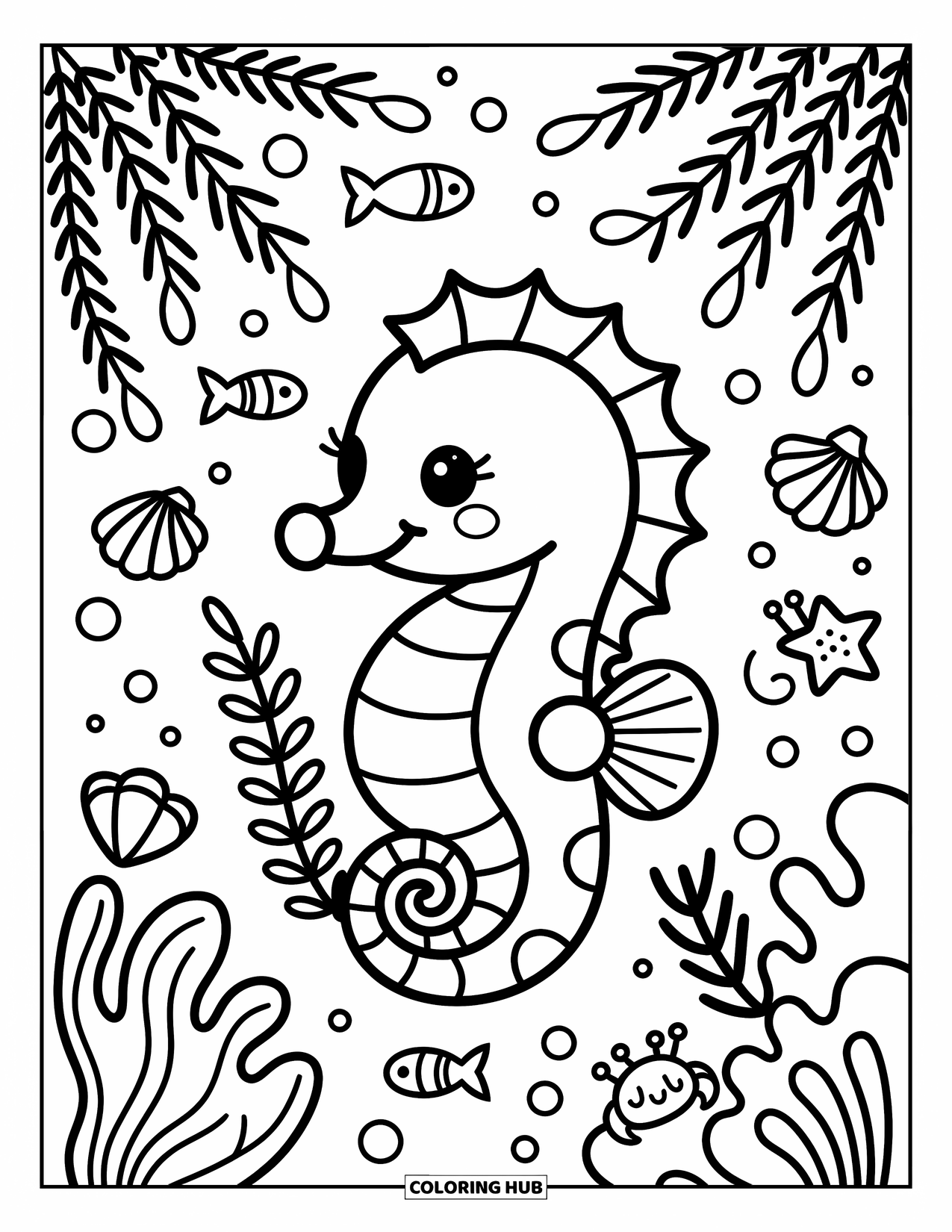 Seahorse Coloring Page for Adults: A gentle seahorse with a spiral tail rests near coral, bubbles, and playful sea life