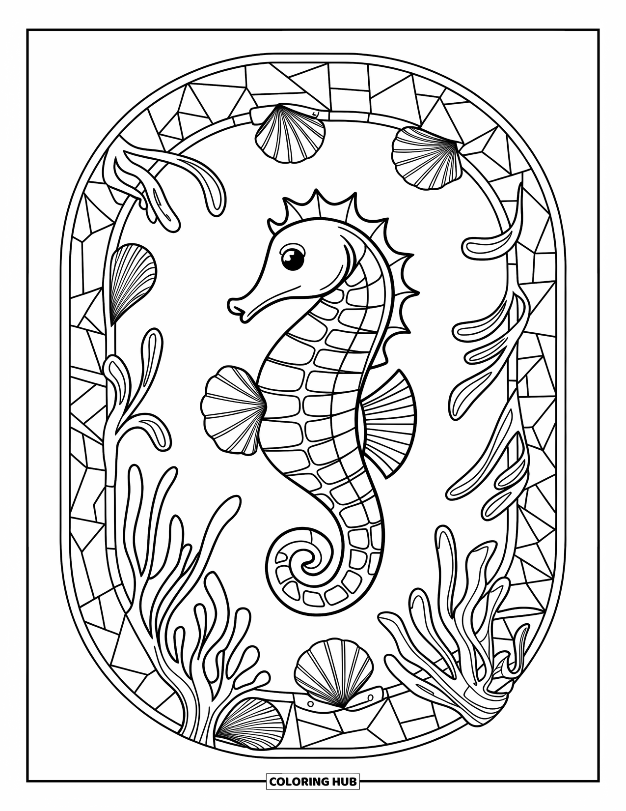 Seahorse Coloring Page for Adults: A seahorse clings to a shell in a sea-themed mosaic border