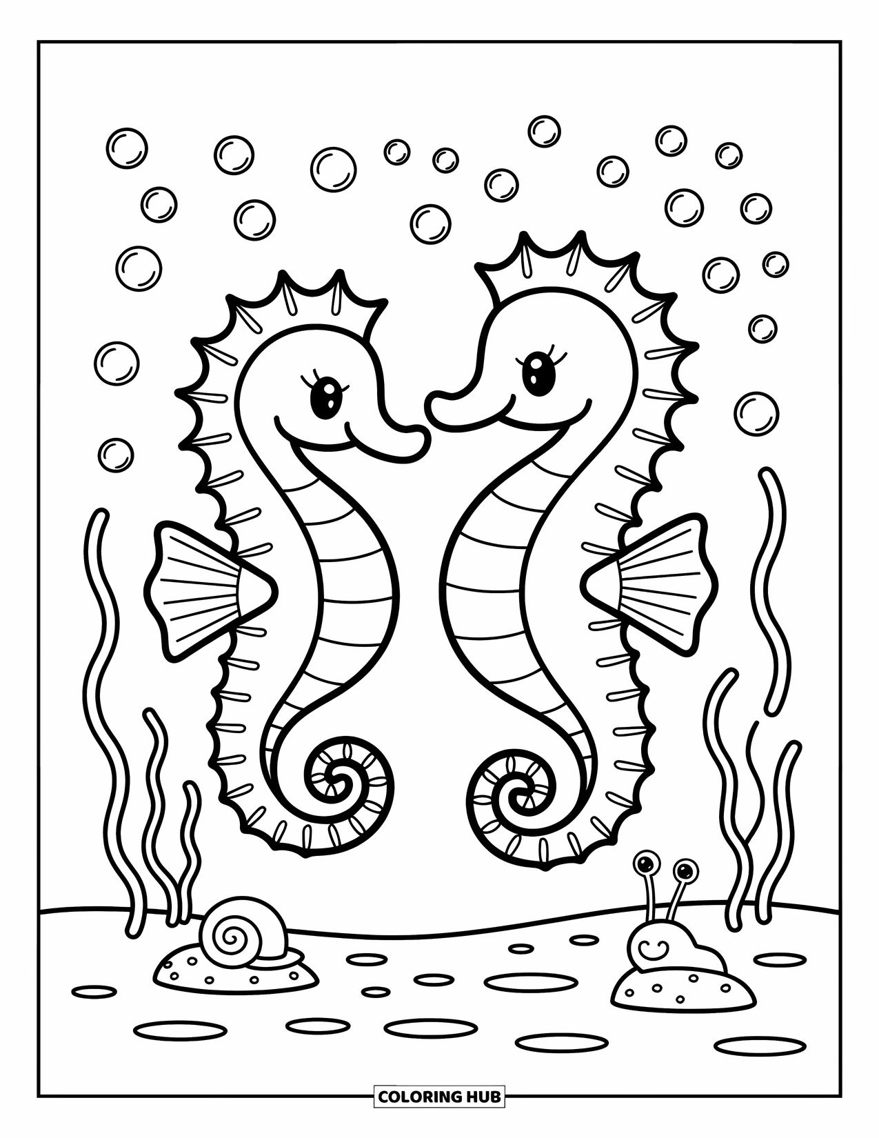 Seahorse Coloring Page for Adults: A seahorse family glides together among seaweed and pearl-like bubbles