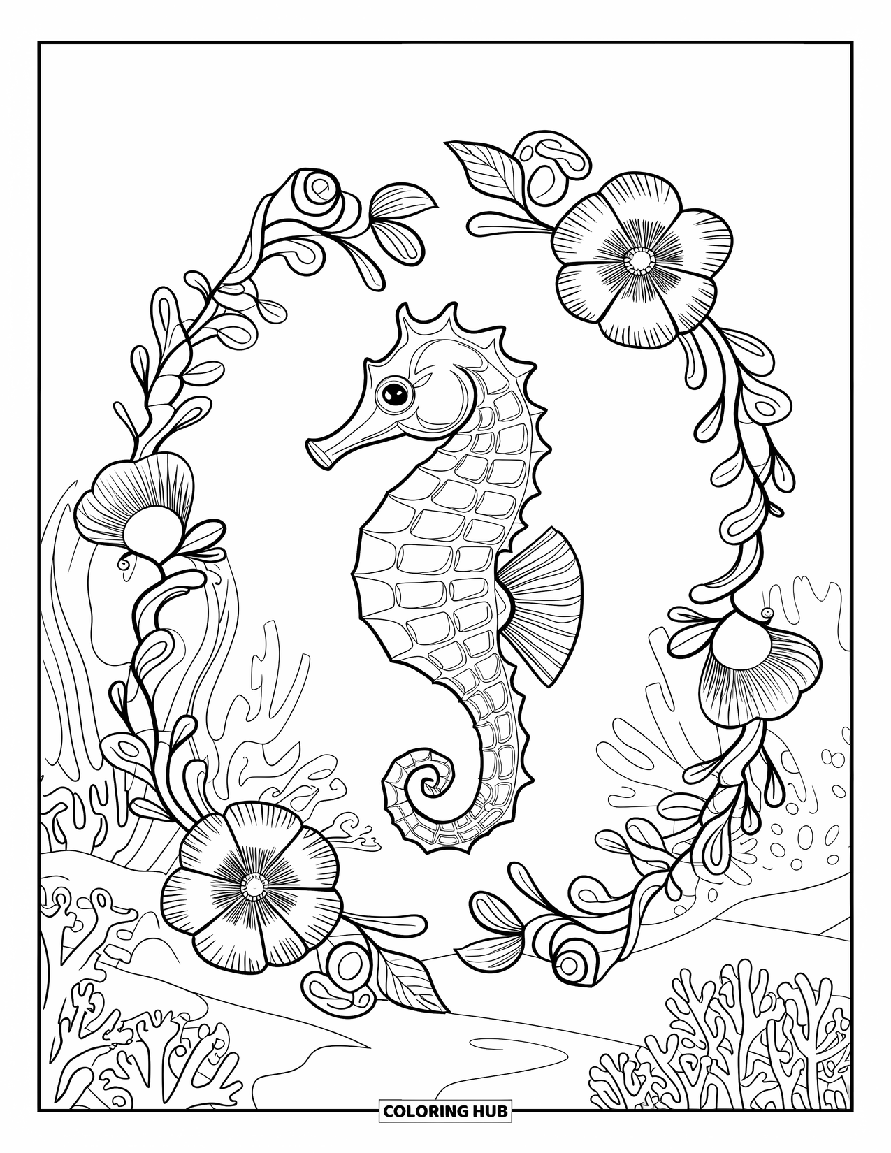 Seahorse Coloring Page for Adults: A seahorse floats among floral vines and swirling coral designs