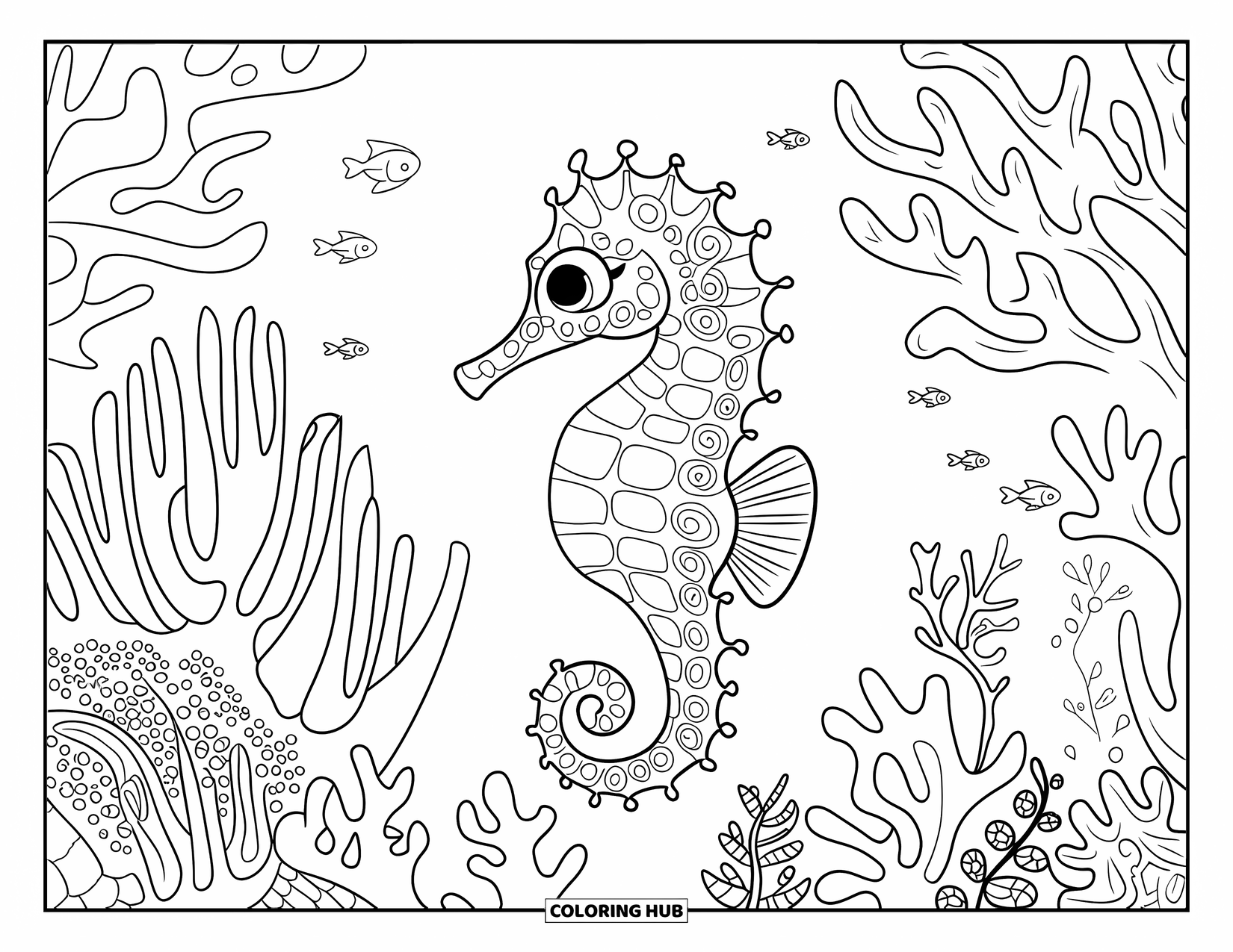 Seahorse Coloring Page for Adults: A seahorse floats in an ocean garden surrounded by coral and small fish