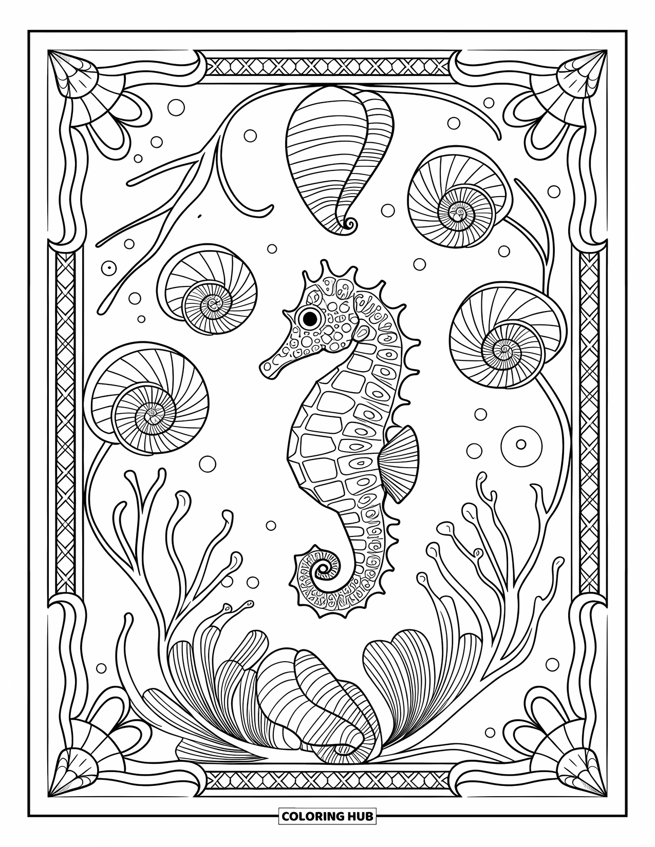 Seahorse Coloring Page for Adults: A seahorse floats within a mosaic frame of shells, sea vines, and anemones
