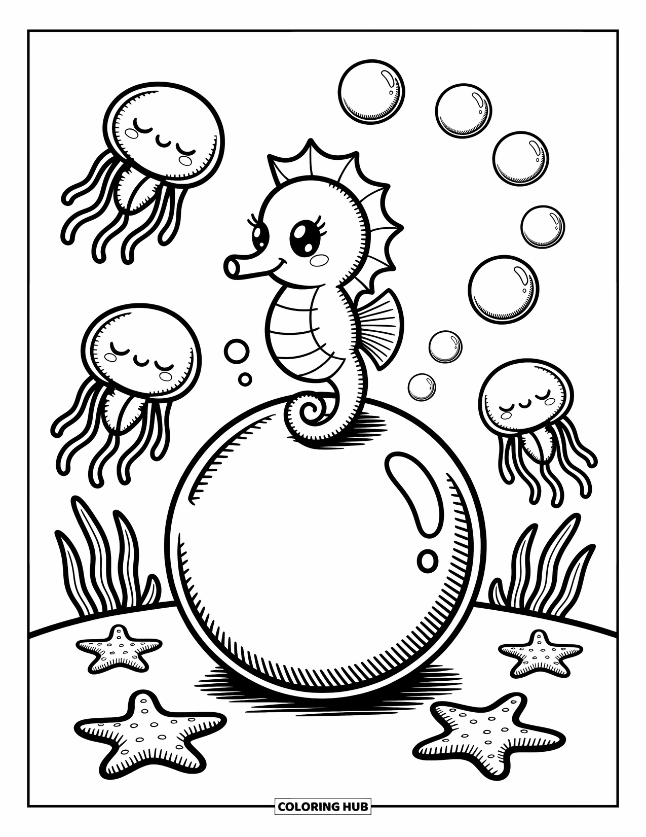 Seahorse Coloring Page for Adults: A seahorse perches on a giant bubble as jellyfish and sea stars drift nearby