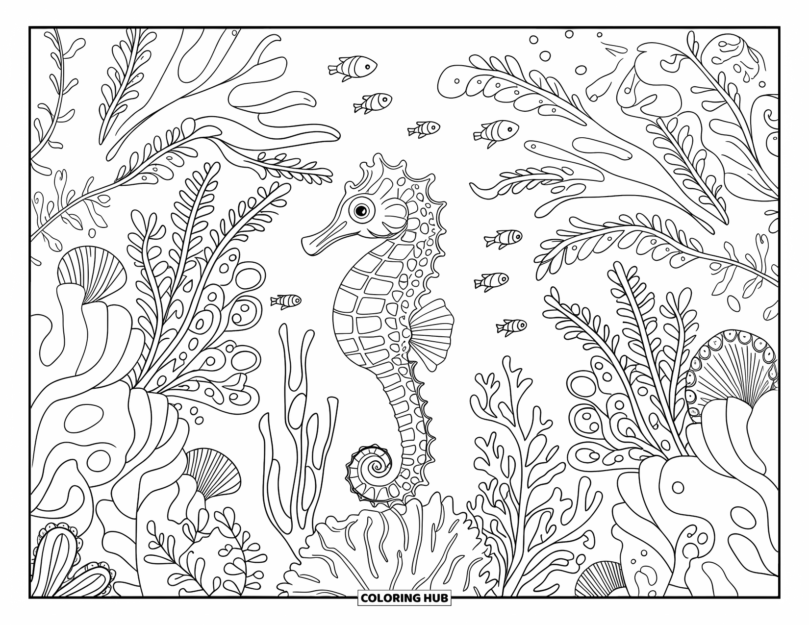 Seahorse Coloring Page for Adults: A seahorse rests on coral in a sea of plants and tiny fish