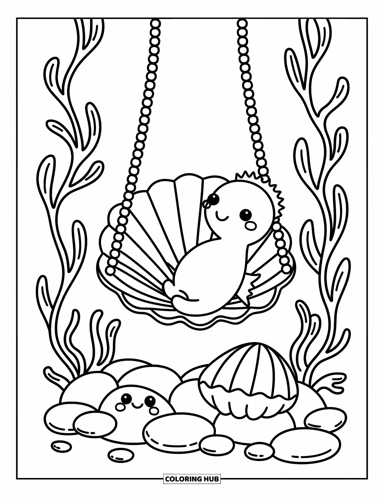 Seahorse Coloring Page for Adults: A seahorse swings on a shell seat above a happy clam and soft sea pebbles