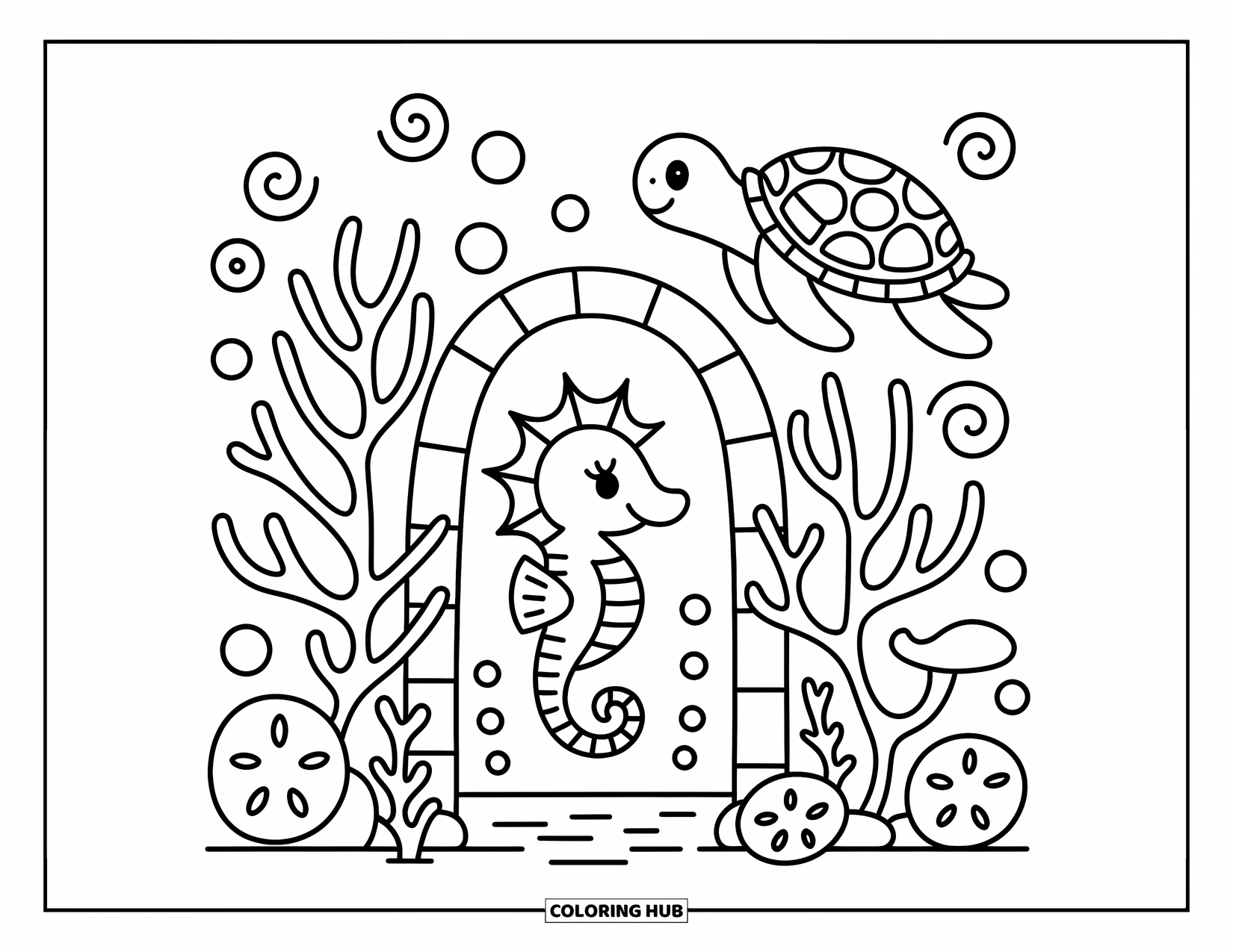 Seahorse Coloring Page for Adults: A shy seahorse peeks from a coral arch as a turtle glides above