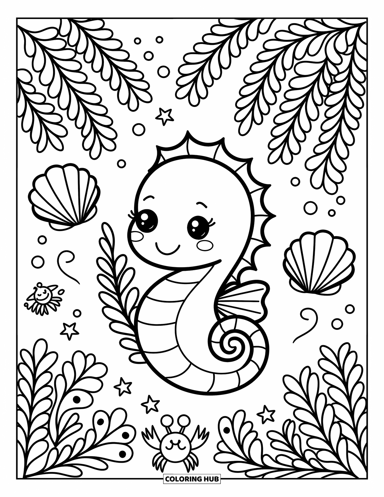Seahorse Coloring Page for Adults: A sweet seahorse curls up by sea plants, shells, fish, and tiny corner creatures