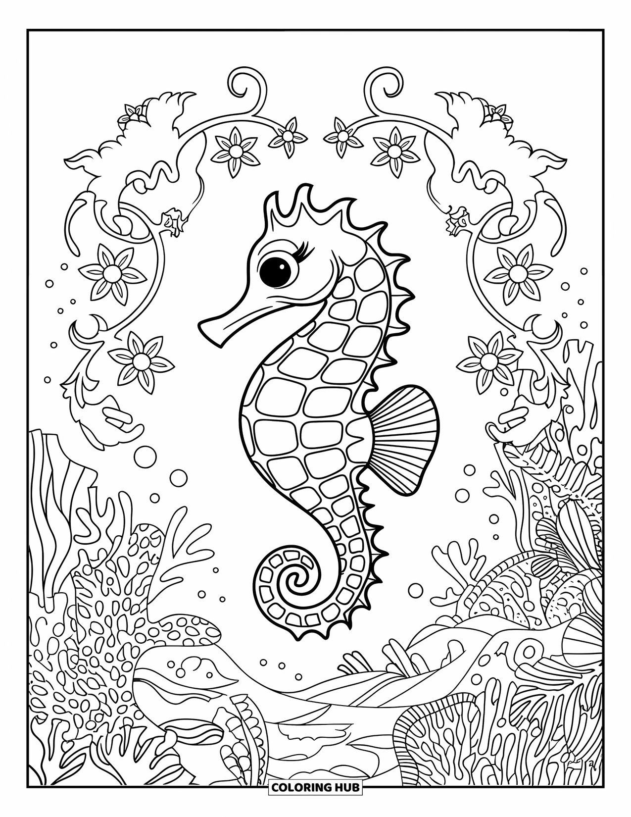 Seahorse Coloring Page for Adults: An elegant seahorse is surrounded by coral, plants, and marine creatures