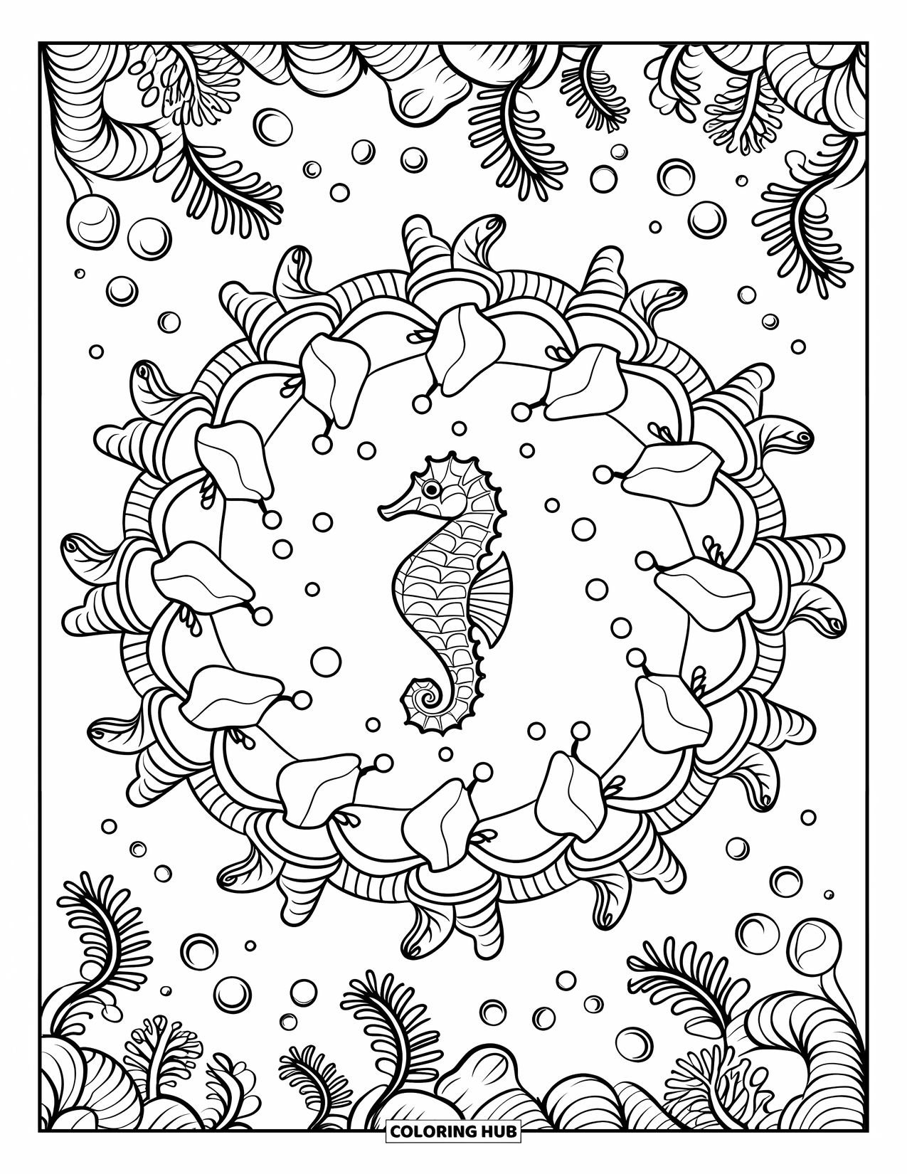Seahorse Coloring Page for Adults: An underwater mandala radiates coral and bubbles from a central seahorse