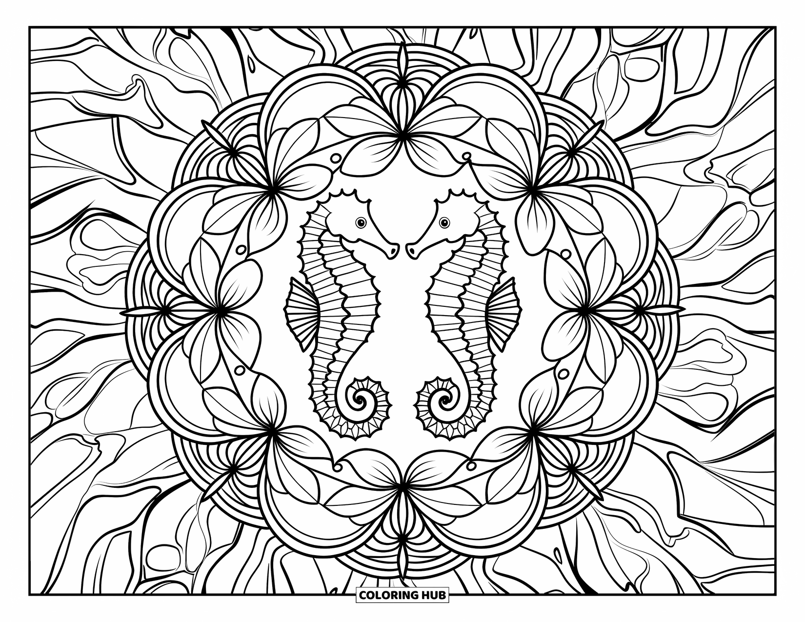 Seahorse Coloring Page for Adults: Mirrored seahorses are framed by leaves, flowers, and twisting branches