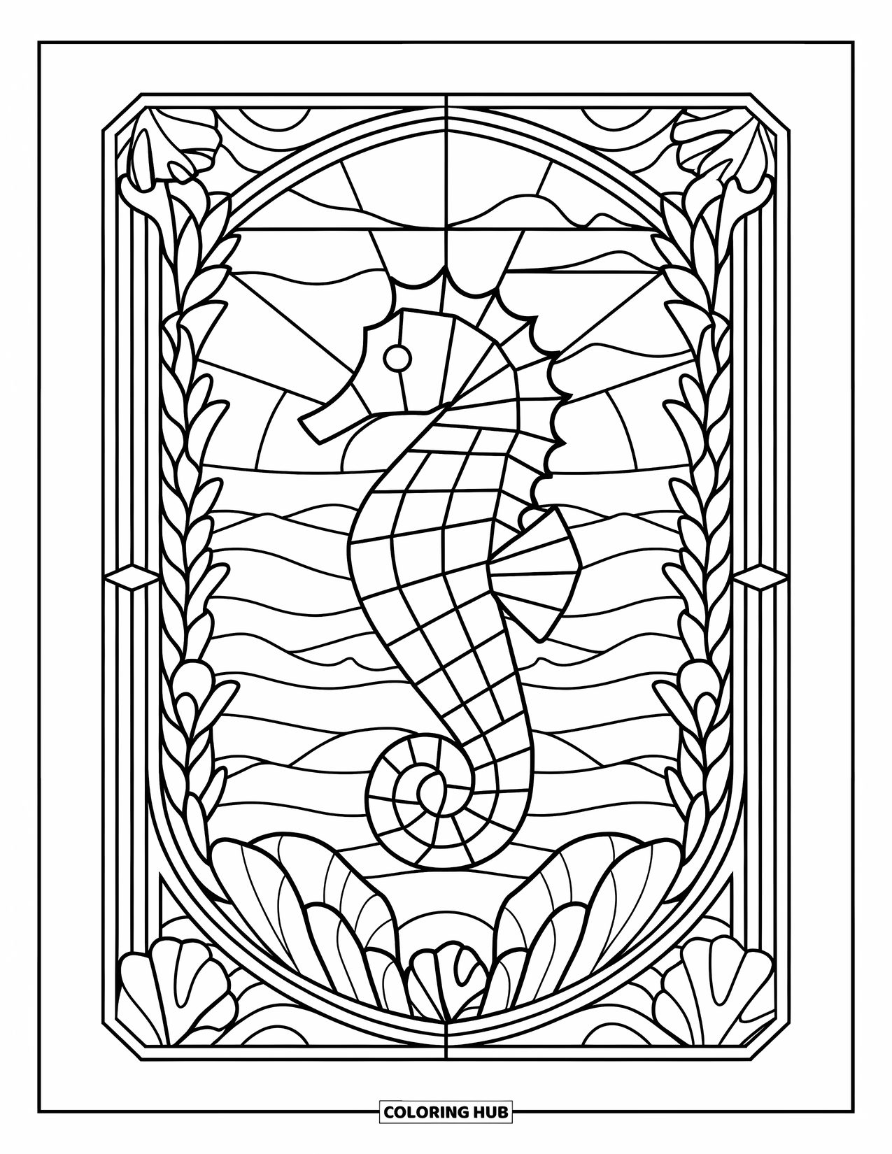 Seahorse Coloring Page for Adults: Two seahorses are framed in kelp and shells in a stained-glass layout