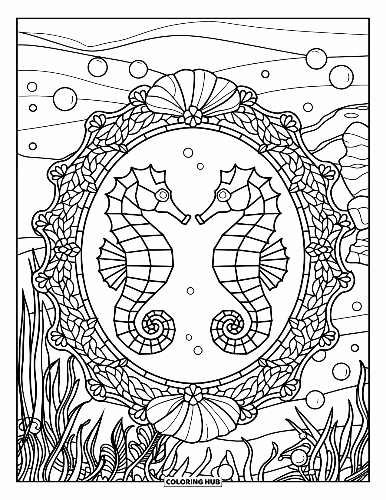 Seahorse Coloring Page for Adults: Two seahorses sit inside a stained-glass frame of kelp and shells