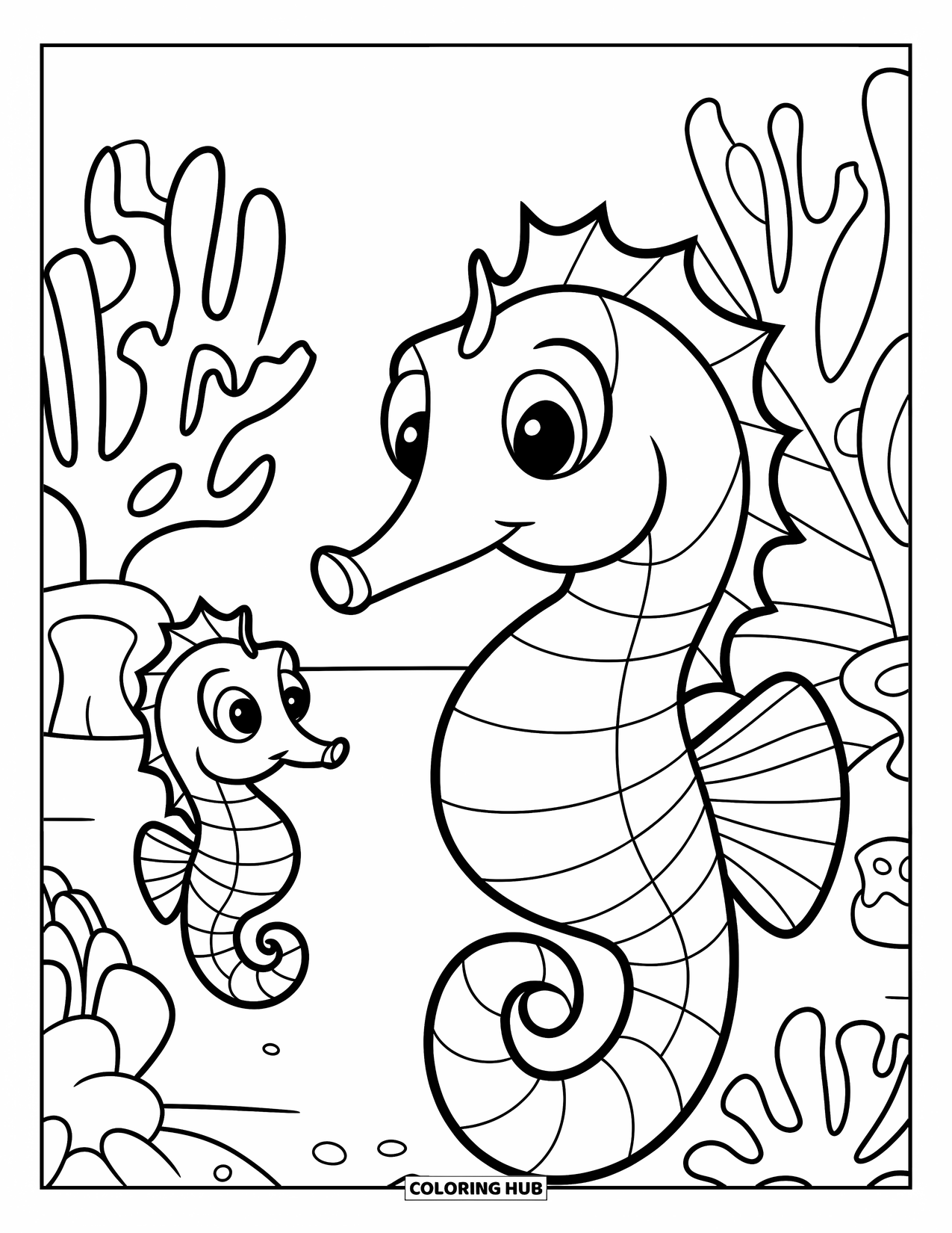Seahorse Coloring Page for Kids: A big and small seahorse rest on coral with easy shapes to color