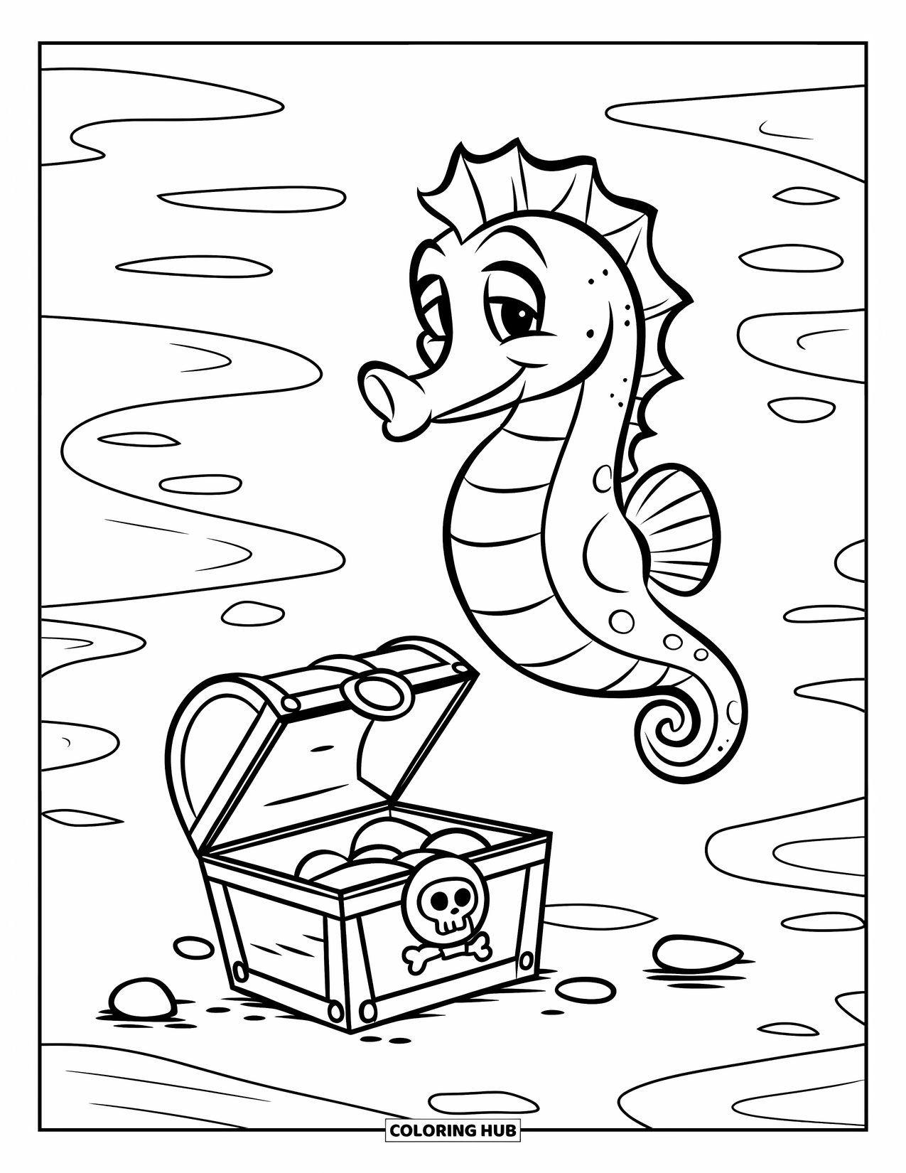 Seahorse Coloring Page for Kids: A bold-lined seahorse smiles over a treasure chest marked with a skull