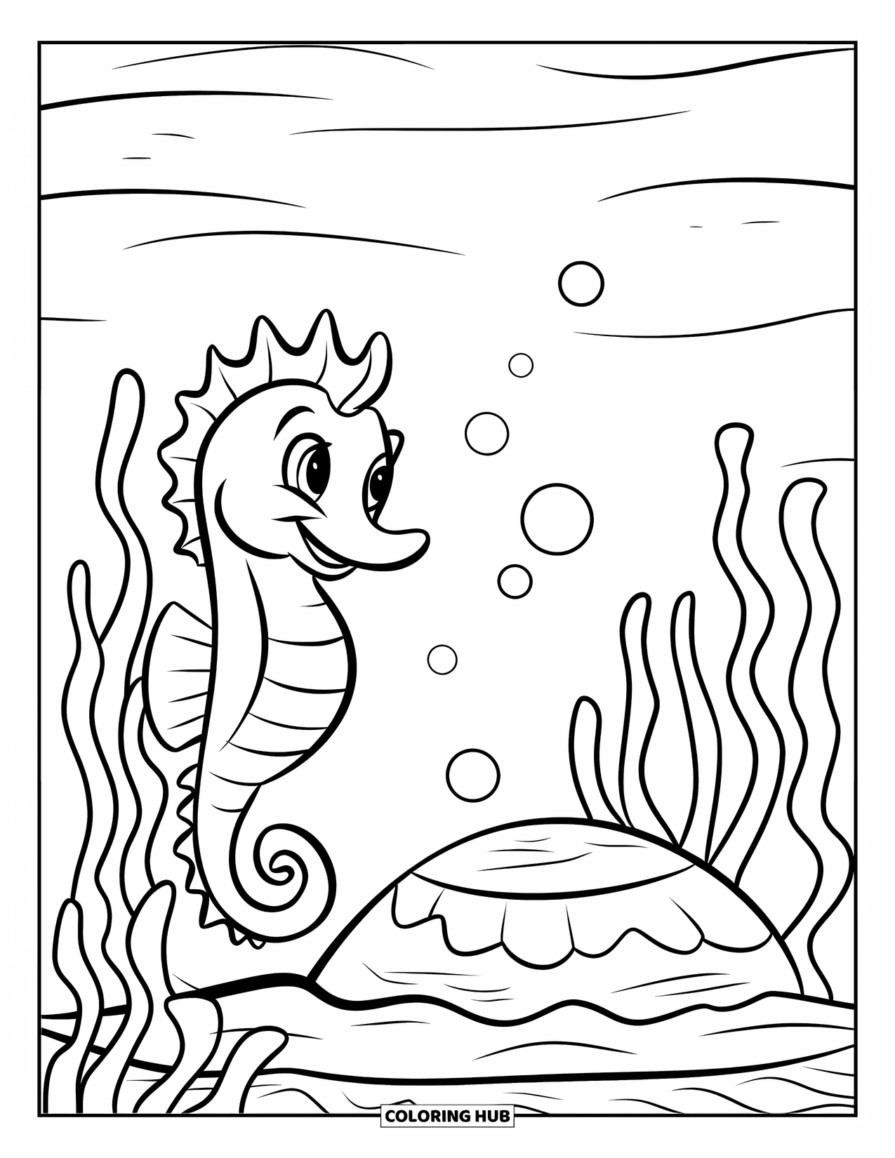 Seahorse Coloring Page for Kids: A cheerful seahorse floats near a round rock and wavy sea plants