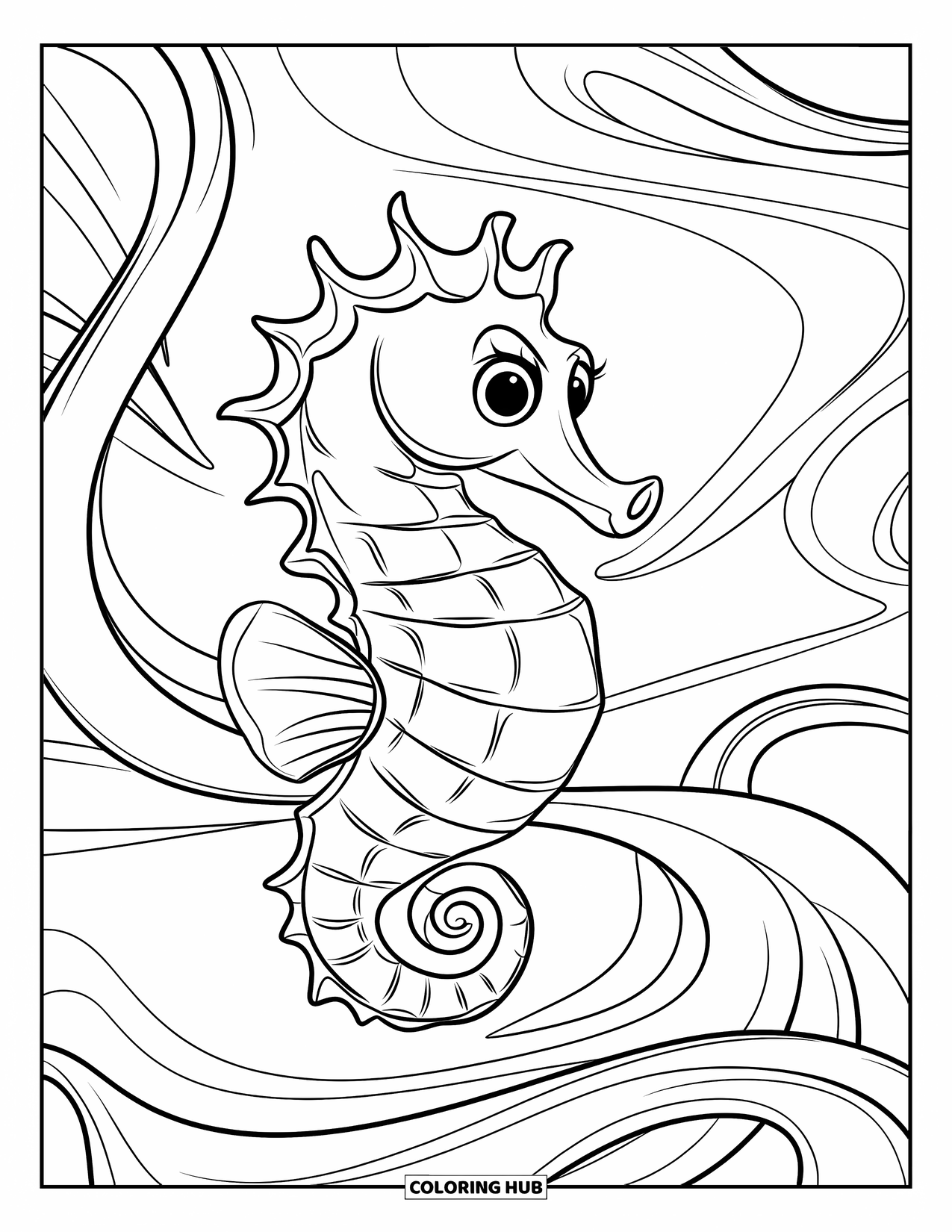 Seahorse Coloring Page for Kids: A close-up of a seahorse holding kelp in swirling waters