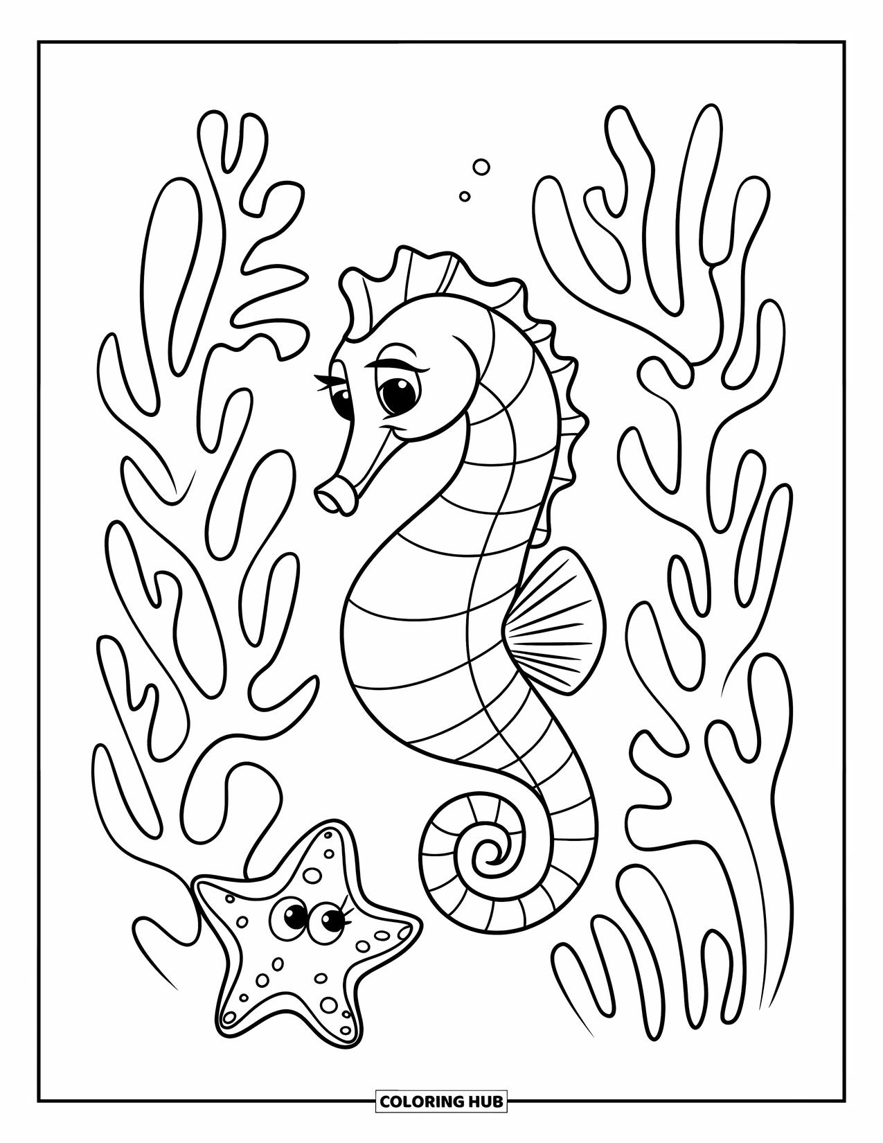 Seahorse Coloring Page for Kids: A curious seahorse swims through coral with a starfish on the sea floor