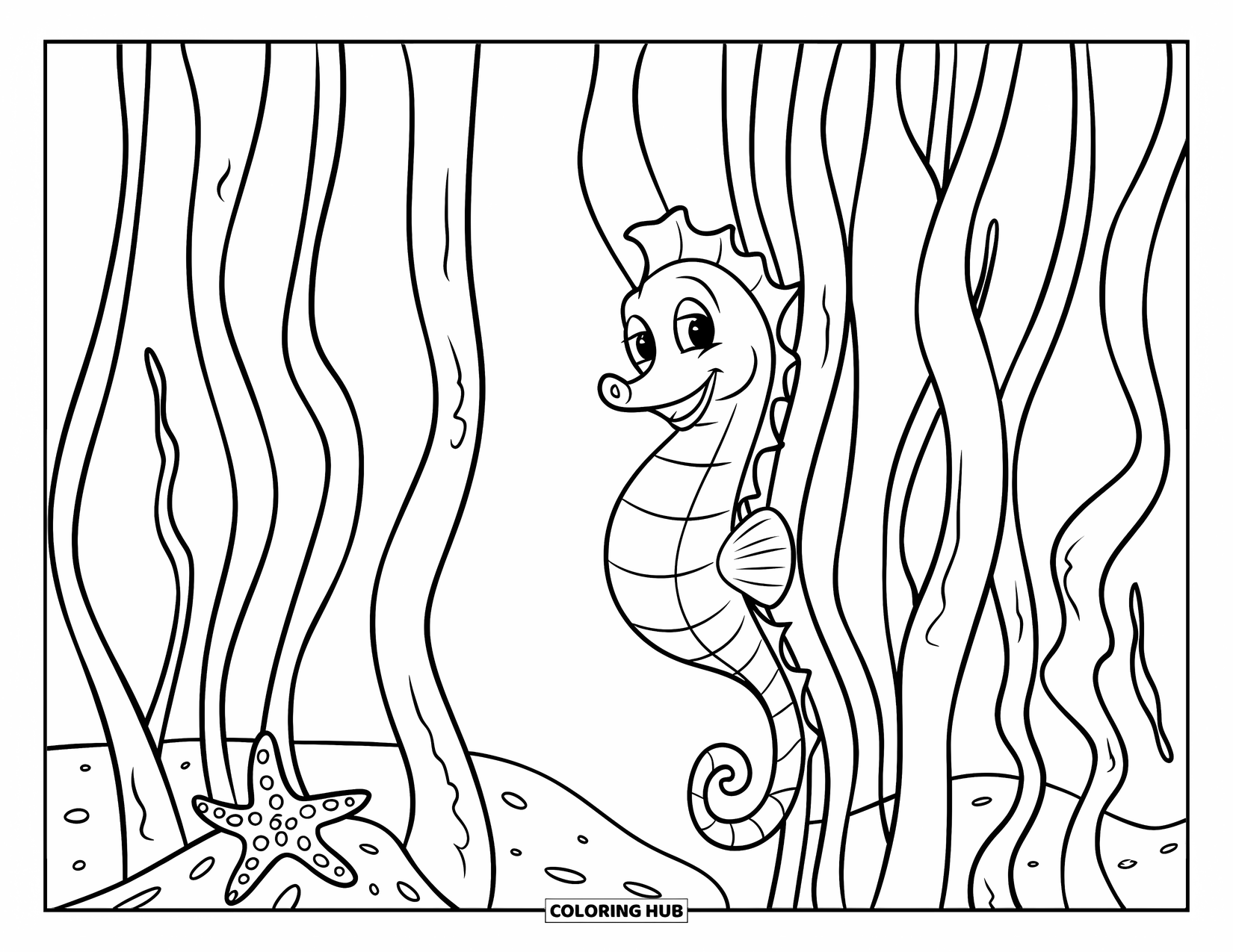 Seahorse Coloring Page for Kids: A grinning seahorse hides in twisting seaweed near a tiny starfish