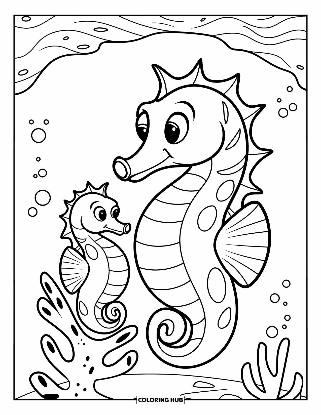 Seahorse Coloring Page for Kids: A large seahorse and baby sit together in a quiet coral cove